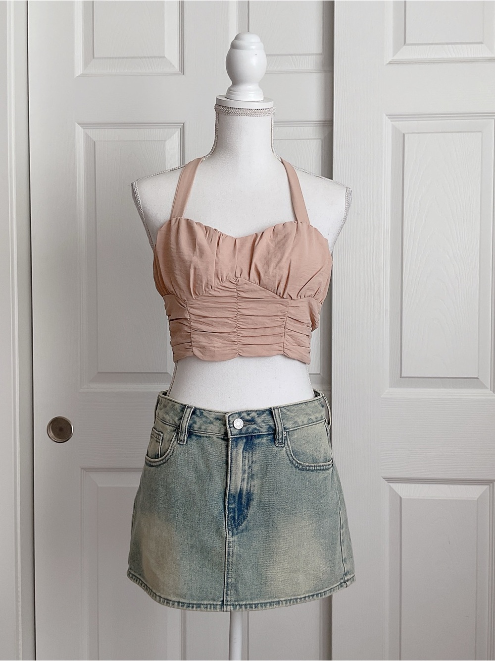 Ruched Halter Crop Top in Dusty Tan